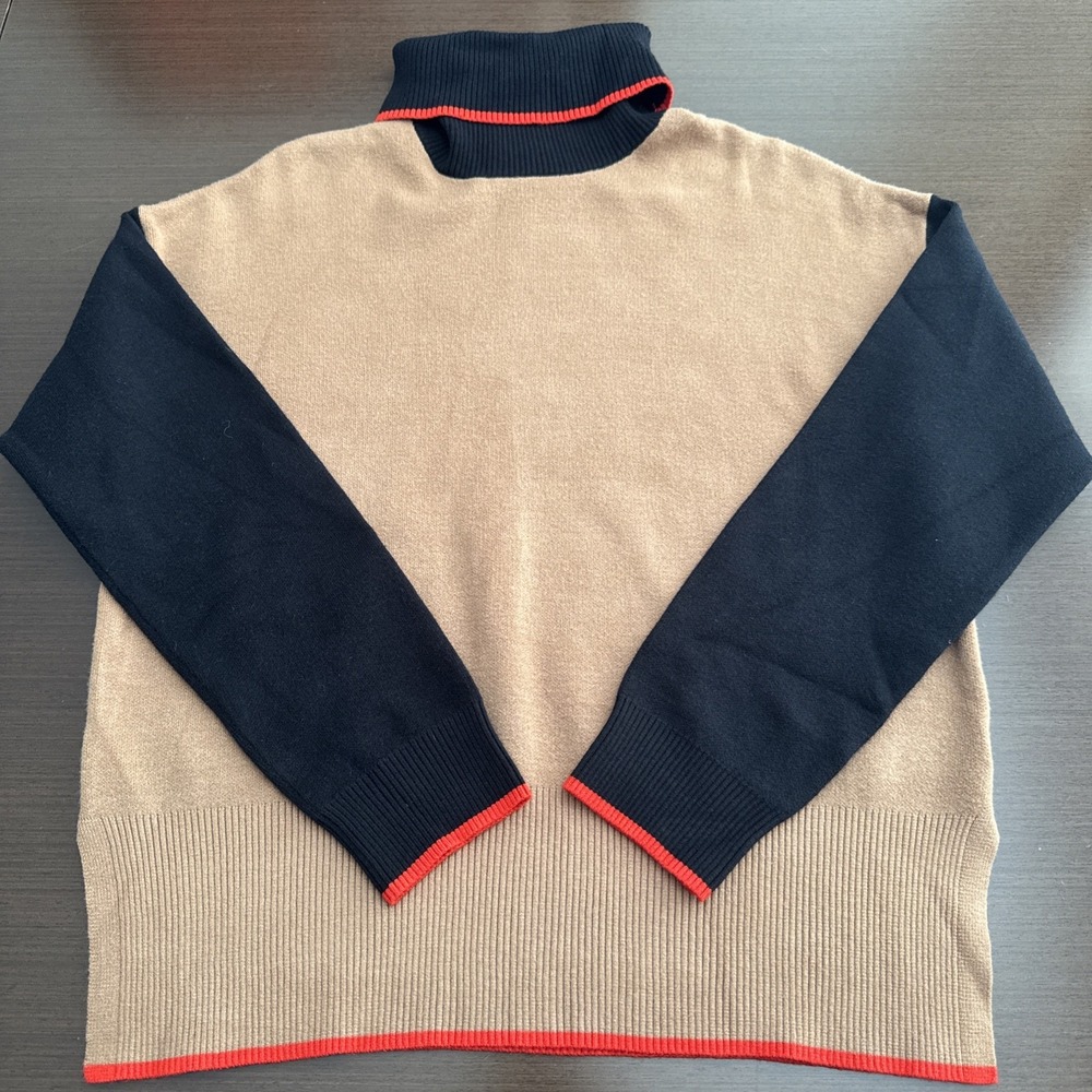 Tahari Volorblock Turtleneck Sweater Tan Black Red Trim Ribbed Knit Women's L